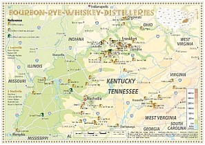 Bourbon-Rye-Whiskey Distilleries in Kentucky-Tennessee - Tasting Map 34x24cm